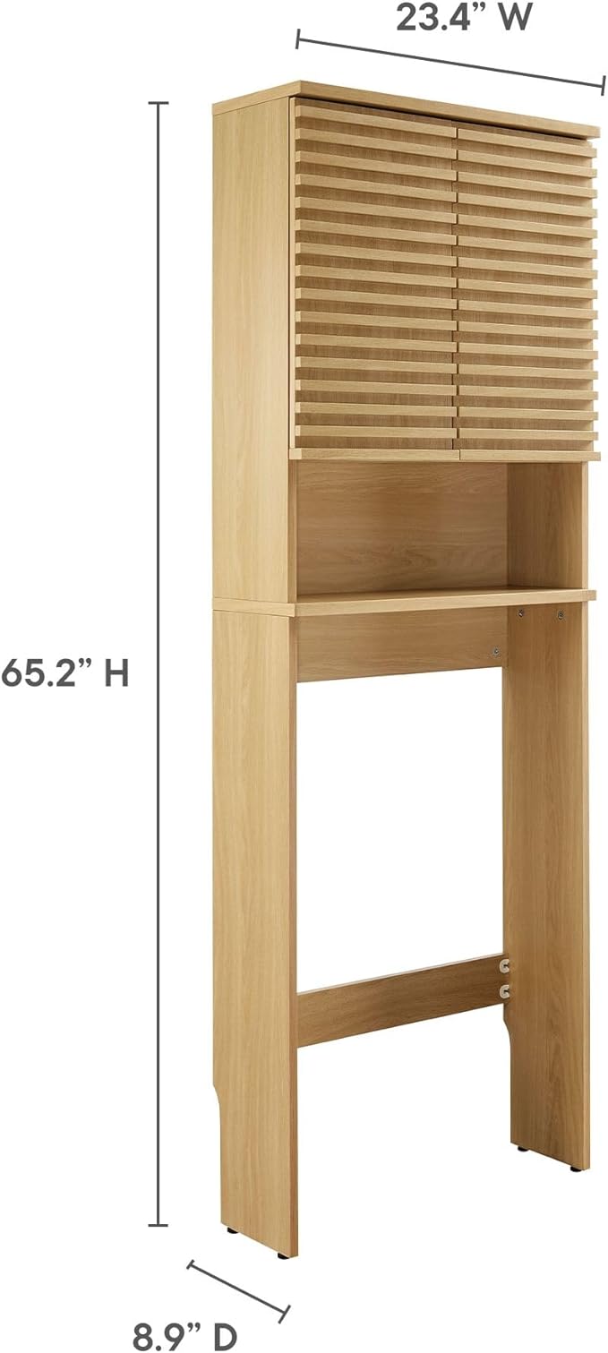 Modway Render Over The Toilet Storage Cabinet in Oak - Modern Bathroom Organizer with Open Shelf, 2 Soft-Close Doors, Wall Cabinet for Above Toilet Storage - Linen Cabinet with Adjustable Shelves