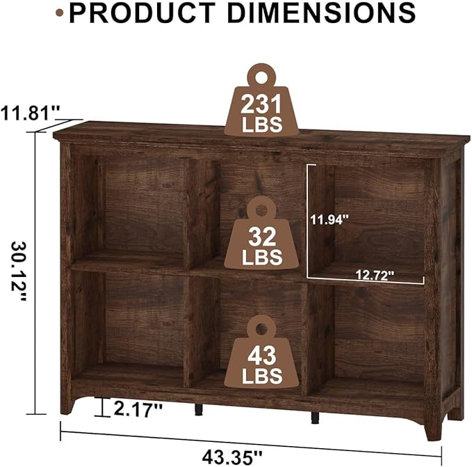 BON AUGURE 6 Cube Storage Bookshelf, Horizontal Wooden Bookcase with Curved Edge, Floor Standing Cubby Organizer for Living Room, Bedroom & Home Office (Rustic Oak)