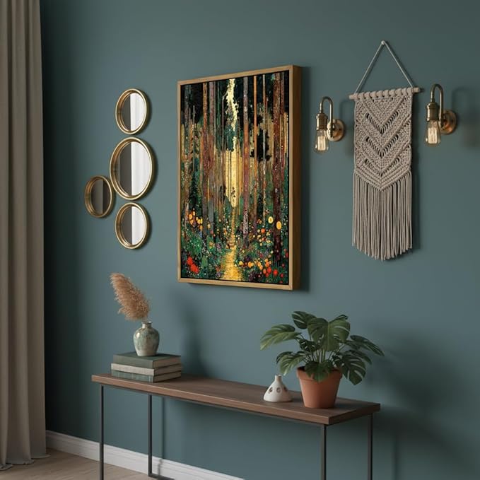 Floating Framed Gustav Klimt Forest Path Canvas Wall Art, Boho Floral Trees Print Poster, Colorful Abstract Nature Wall Decor Picture, for Modern Living Room and Bedroom Home Decoration, 12x16in