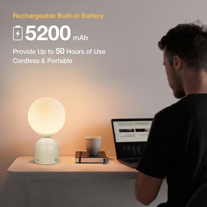 Cordless Globe Glass Table lamp Beige, 5200-mAh Rechargeable Orb Lamp, 3-Level Brightness Dimmable, Integrated LED 320 Lumen Max, for Bedside Nightstand Light