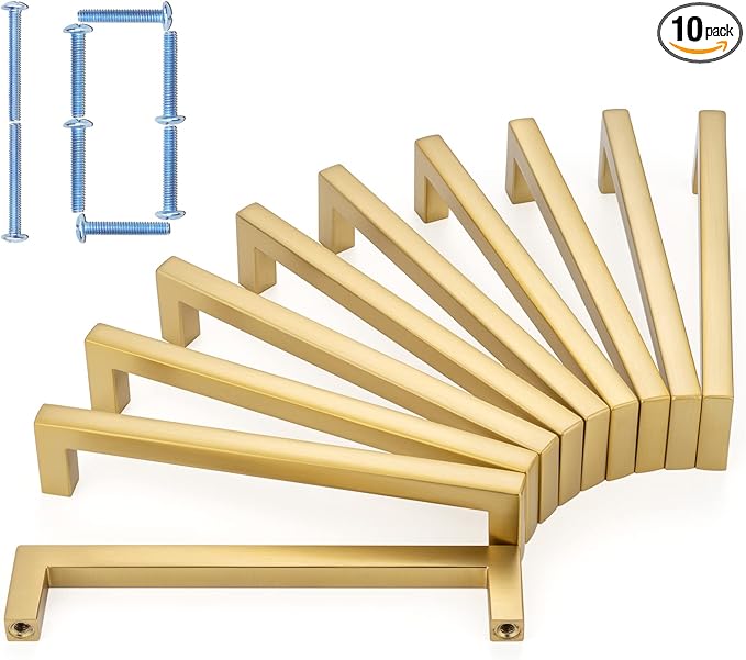 KOOFIZO Solid Square Brushed Gold Kitchen Cabinet Handles Gold Cabinet Pulls, 10 Pack 5 Inch Gold Hardware for Kitchen Cabinets Drawers Dresser Cupboard Bedroom Bathroom