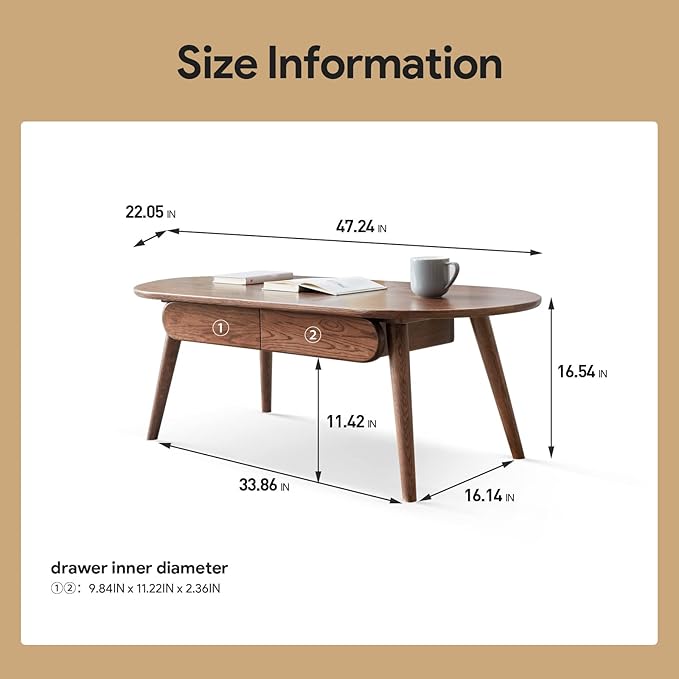 47.24" Solid Wood Coffee Table with 2 Hidden Storage Drawers, Easy Assembly Center Table for Living Room, Walnut Finish with Side Table Function (47.24" Coffee Table with Drawers)