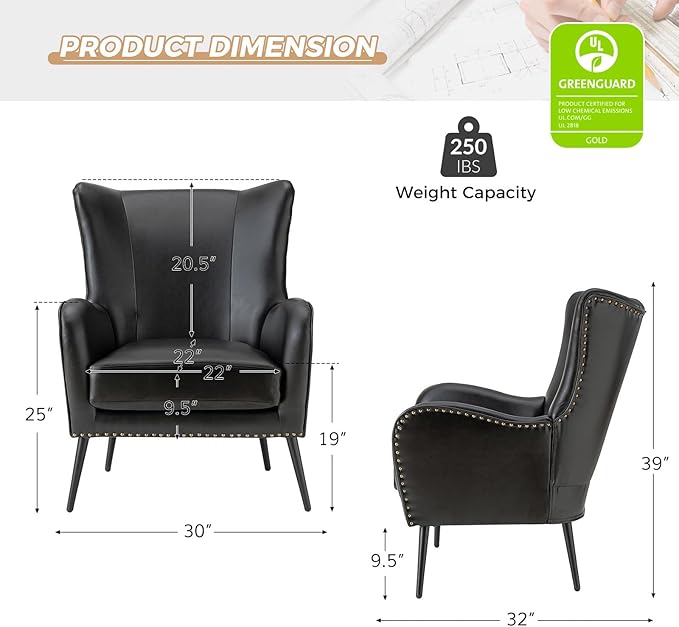 HULALA HOME Faux Leather Accent Chair Set of 2 with Removable Cushion, Comfy Upholstered Armchair with Metal Legs & Nailhead Trim Wingback Vanity Chair for Reading Living Room Bedroom, Black