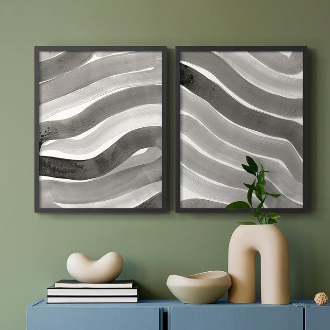 Renditions Gallery Set of 2 Peel & Stick Framed Prints, Watercolor Abstract Wall Art, Black and White Bold Brushstrokes Wall Decor, Re-Stickable - Ready to Hang - 11"x14" - Black Frame LT588