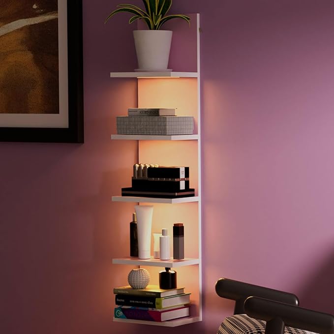 Homaterial 5 Tier Wall Shelf Unit,Modern Vertical Lack Wall Shelves with Light, Wall Mount, Floating Column Home Decor Shelves for Bedroom, Living Room, Vanity Storage Display(Pink)