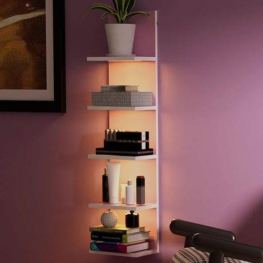 Homaterial 5 Tier Wall Shelf Unit,Modern Vertical Lack Wall Shelves with Light, Wall Mount, Floating Column Home Decor Shelves for Bedroom, Living Room, Vanity Storage Display(Pink)