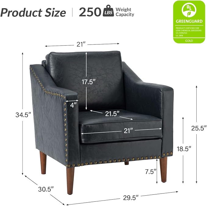HULALA HOME Faux Leather Accent Armchairs Set of 2 with Back & Seat Cushions, Traditional Club Chairs with Nailhead Trim, Comfy Upholstered Sofa Chairs for Living Room Bedroom, Navy
