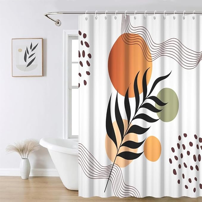 Boho Shower Curtain for Bathroom Black Leaves Orange Sun Brown Spots Abstract Stripes Shower Curtains Abstract Minimalist Bathroom Set Decor Washable Waterproof Polyester Fabric with Hooks 65x72 Inch