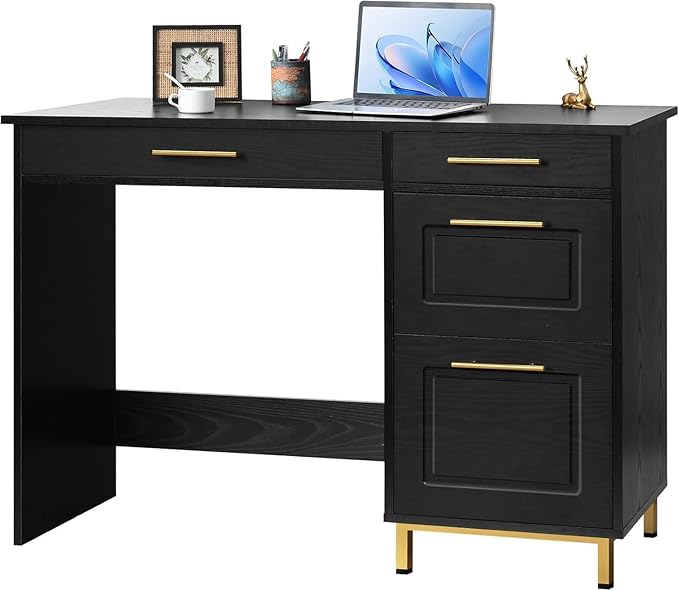4 EVER WINNER Black Desk with Drawers, Modern Home Office Desks with Golden Handles and Drawers, Computer Table for Small Spaces, Black and Gold Desk