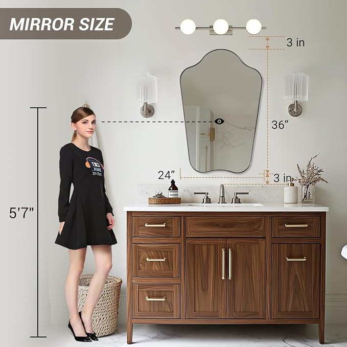 ANDY STAR Brushed Nickel Bathroom Mirror, 24x36 Scalloped Wall Mirror for Vanity, Asymmetrical Shaped Mirror for Entryway, Bedroom, Anti-Rust Stainless Steel Frame