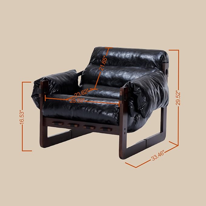 Leather Accent Chair, Mid Century Modern Lounge Chair with Removable Armrests Oil Wax Faux Leather Armchair for Living Room Bedroom Office (Antique Black)