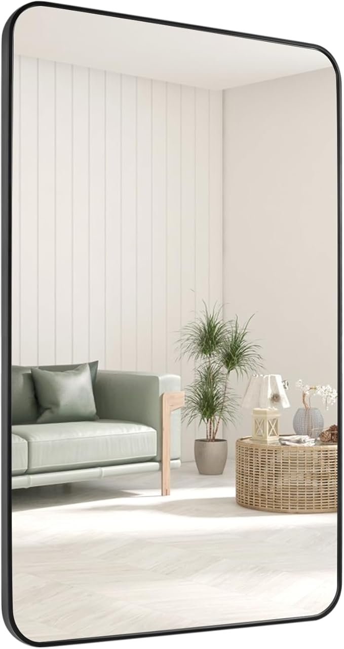 Black Bathroom Mirror 30X48 Inch Rounded Rectangle Wall Mirror Stainless Steel Metal Frame Vanity Mirror Anti-Rust for Entryway, Bathroom, Vanity, Living Room Hangs Vertically or Horizontally