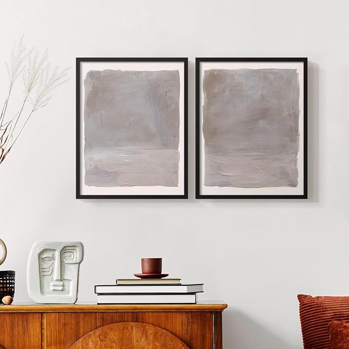 Renditions Gallery Set of 2 Peel & Stick Framed Prints, Watercolor Abstract Wall Art, Neutral Tones Textured Brushstrokes Wall Decor, Re-Stickable - Ready to Hang - 22"x28" - Black Frame LT588