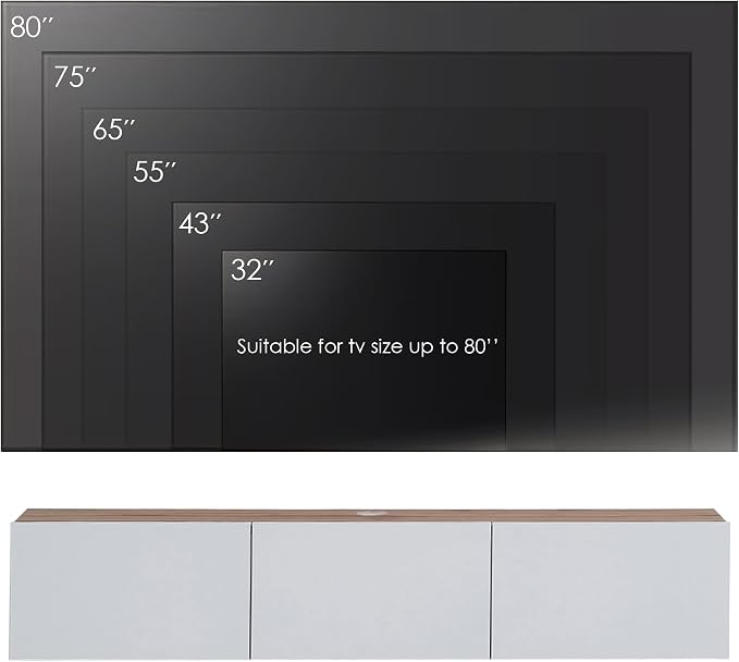 Floating TV Stand Glossy White for 65-80 Inch TV, 63" Wall Mounted TV Stand with Storage, White and Wood Floating Entertainment Center with Cable Management, Floating Media Console for Living Room