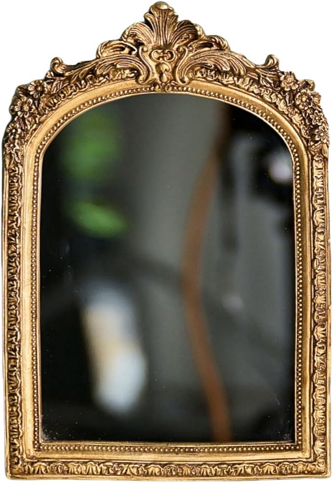 TenFuju 11” x 9.5” Small Gold Vintage Wall Mirror, Antique Gold Resin Baroque, Decorative Hanging & Tabletop