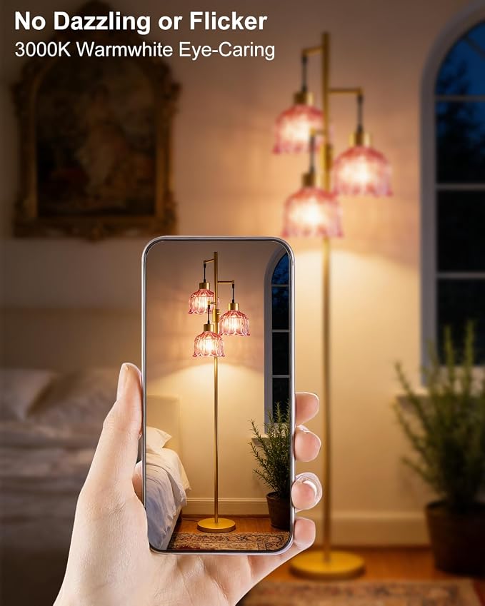 3-Light Modern Glass Floor Lamp, Gold Standing Tall Lamp with Deep Red Vertical Rib Glass Shade, Dimmable LED Floor Lamp with 5Lbs Heavy Base for Living Room Bedroom Home Decor, Bulb Included