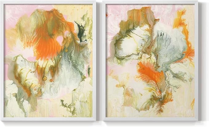 Renditions Gallery Set of 2 Peel & Stick Framed Prints, Modern Abstract Wall Art, Mix Color Oil Paint Design Wall Decor, Re-Stickable - Ready to Hang - 11"x14" - White Frame LT588