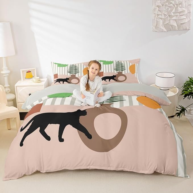 Erosebridal Boho Cat Animals Comforter Cover King Abstract Mid Century Bedding Set Minimalism Aesthetic Geometric Duvet Cover for Kids Girls Boys Adults Tropical Palm Leaves Bed Set