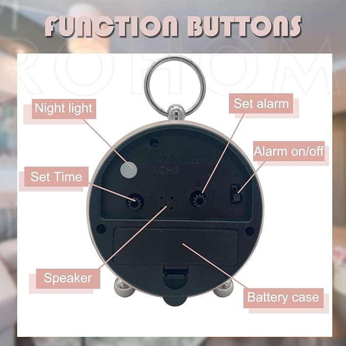 Rohome Vintage Small Alarm Clock with Night Light, Pink, Quartz Movement, Battery Operated, Non-Ticking, Decorative, for Bedside Table, Desk, Kitchen, Bedroom