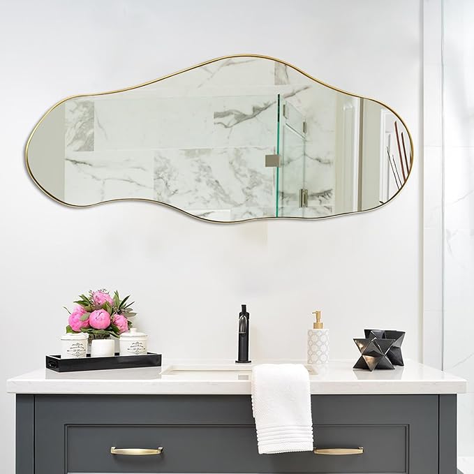 Irregular Mirror, 47"x20.5" Asymmetrical Wall Mirror with Gold Metal Frame, Large Abstract Mirrors Decorative, Modern Unique Shaped Mirrors for Living Room Bathroom Bedroom Hallway Entryway
