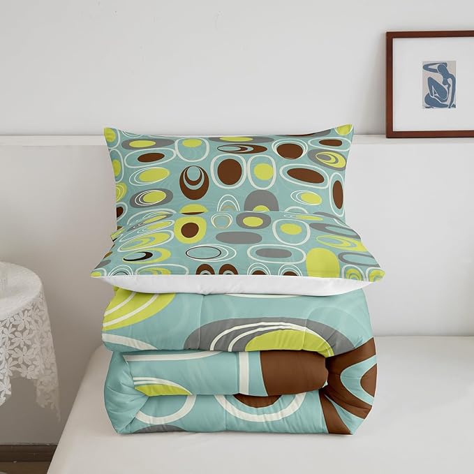 Erosebridal Teal Minimalist Bedding King Geometric Circles Comforter Set, Abstract Spiral Swirl Duvet Insert Geometric Stripes Down Comforter, Modern Aesthetic Bedding Comforter Sets Room Decor