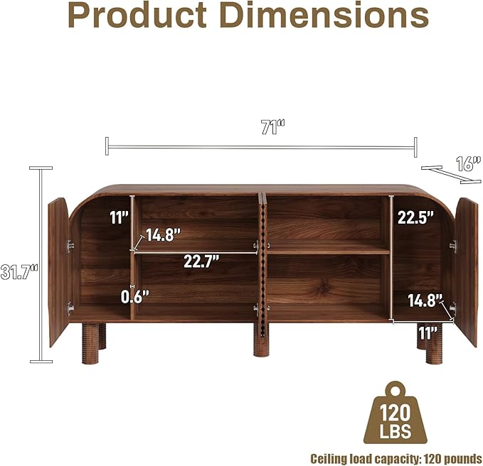 Rophefx 71" Curved Sideboard Cabinet, Large Buffet Sideboard Cabinet with Arched Textured Doors, 4 Doors Credenza with Anti-Tip Device Storage Cabinet for Kitchen, Living Room, Entryway (Walnut)