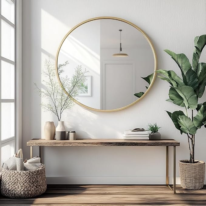 Oruii Gold Round Mirror 30 inch, Large Golden Circle Mirror Metal Frame, Large Brass Circular Mirrors for Living Room, Dining Room, Entryway, Hallway, Foyer, Bathroom, Wall