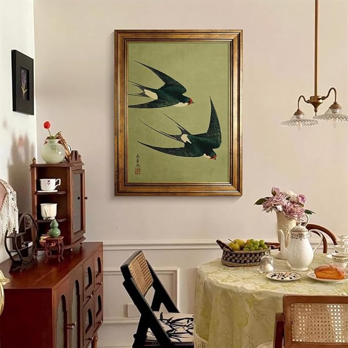Gold Framed Japanese Flying Swallow Wall Art Asian Japandi Bird Animal Poster Nature Vintage Green Canvas Prints for Living Room Bedroom Home Decor 24x36 inch