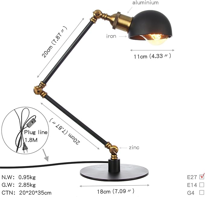 Makeup Vintage Desk Lamp, Adjustable Swing Arm Industrial Metal Task Table Lamp, Bedroom Bedside Night Light Cafe Retro Reading Lighting,Black+Gold