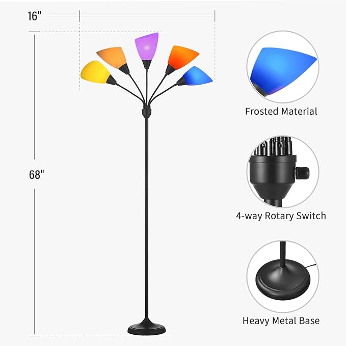 Medusa Floor Lamp, Multi Head 5 Light Floor Lamp for Bedroom with 10 Lampshade, Adjustable Neck Reading Standing Lamp for Living Room,Office,Kids,Classroom (Black)