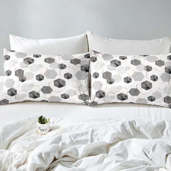 Erosebridal Grey Modern Duvet Cover King - Marble Geometric Minimalist Bedding Set, Fresh Abstract Geometric Art Decor Bed Set for Boys Girls Watercolor Hexagon Bed Cover with 2 Pillowcases