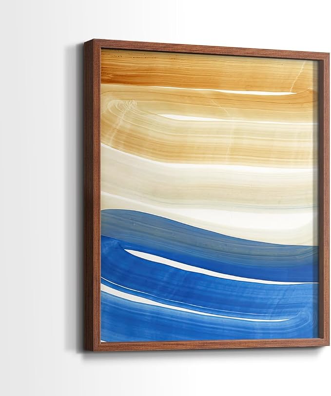 Renditions Gallery Set of 2 Peel & Stick Framed Prints, Abstract Wall Art, Blue and Gold Wave Textured Background Wall Decor, Re-Stickable - Ready to Hang - 8"x10" - Walnut Frame LT588