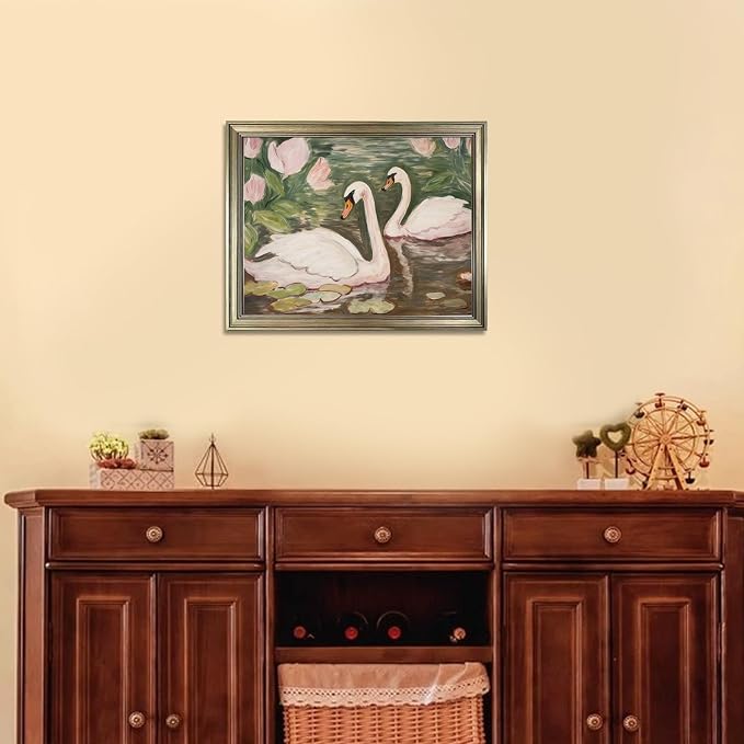 Vintage Framed Swan Decor Wall Art Pink and Green Girls Room Decor Girly Office Canvas Print Painting