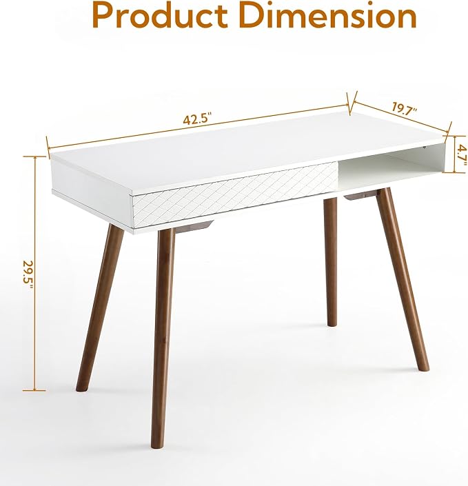 GarveeHome 42 in Mid Century Home Office Writing Desk, Modern Simple Computer Desk with Drawer and Open Storage Cubby, Small Vanity Table Desk for Bedroom, White