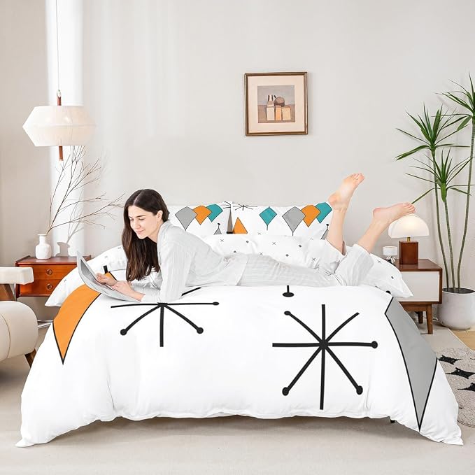 Erosebridal Colorful Aesthetic Bedding Sets Full Diomand Comforter Cover, Retro Atomic Bed Set Modern Mid Century Duvet Cover, Bohemian Minimalist Quilt Cover Breathable 3pcs (Zipper Closure)