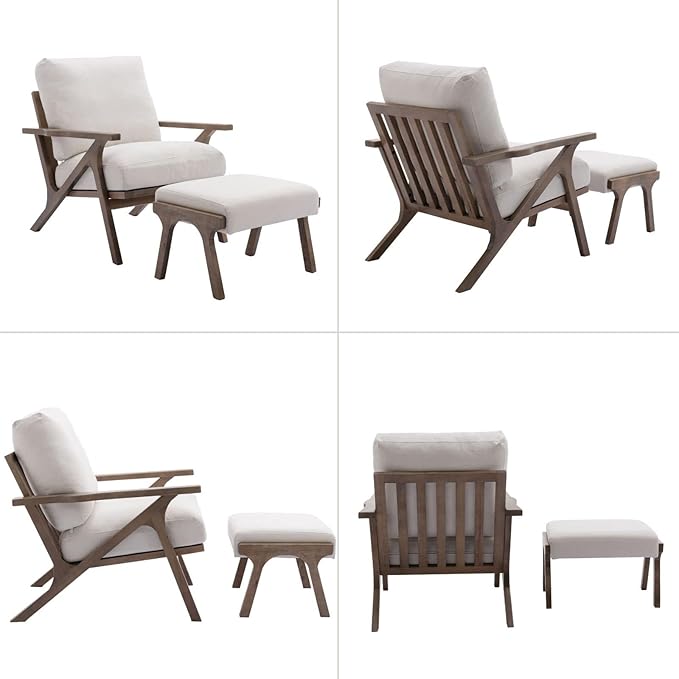HNY Mid Century Modern Accent Chair with Ottoman, Farmhouse Linen Upholstered Living Room Armchair and Ottoman Set, 23" Seat Wide Retro Leisure Lounge Chair with Wood Frame for Home, Bedroom, White