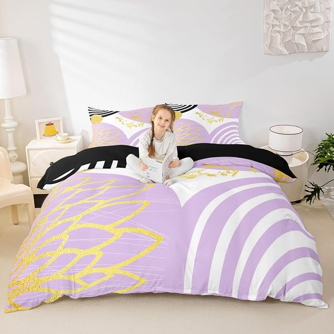Erosebridal Purple and White Modern Twin Comforter Cover for Minimalist | Abstract Mid Century Duvet Cover Bohemian Leaf Floral Botanical Bed Set Aesthetic Modern Geometric Bedding Set