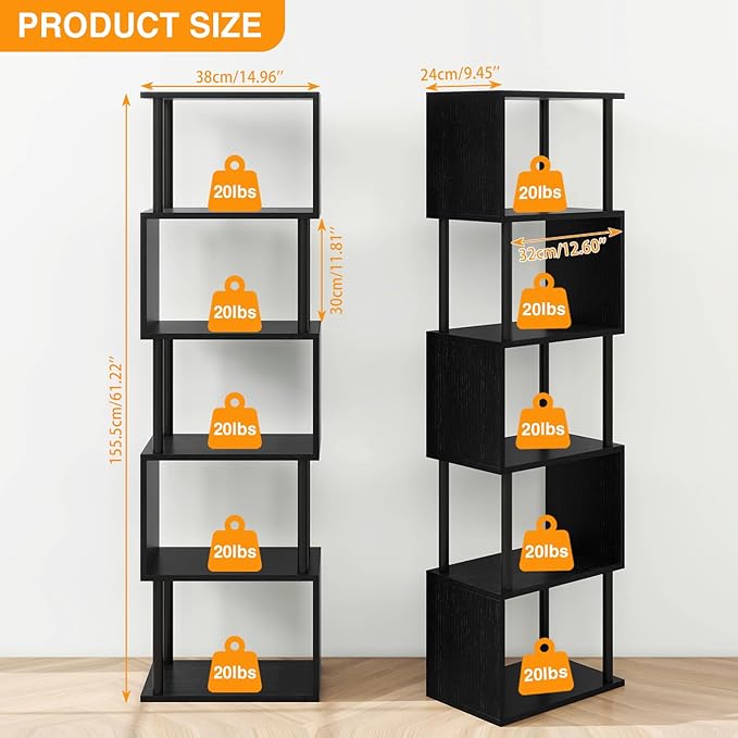 IBUYKE 6-Tier Tall Bookshelf,S-Shaped Geometric Bookcase, Wood Display Shelves with Storage,Modern Bookshelf for Living Room Bedroom, Home Office, Black WBC016B