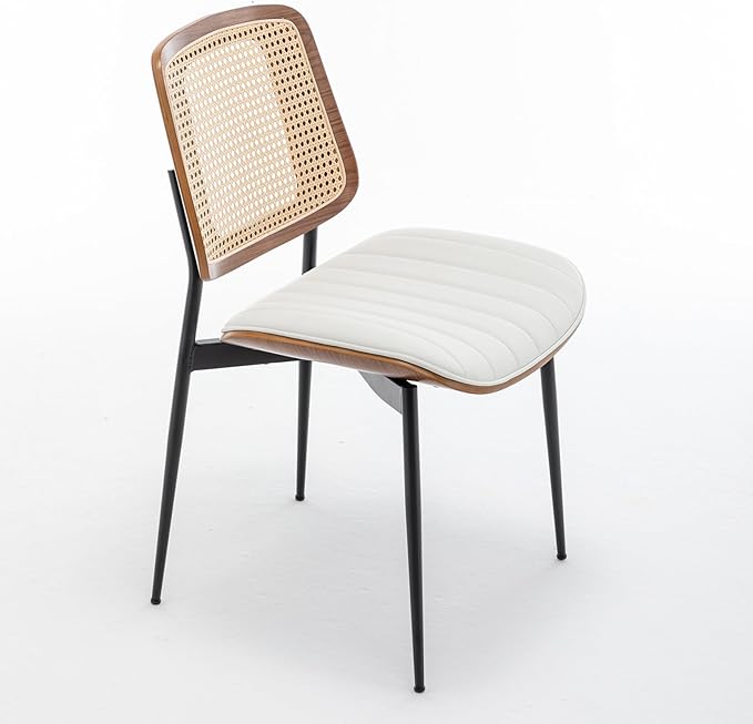 LUNLING Dining Chairs Set of 4 Mid Century Modern Retro White Faux Leather Kitchen Chairs with Walnut Bentwood Upholstered Seat Metal Legs Chair Adjustable Foot for Kitchen Dining Room