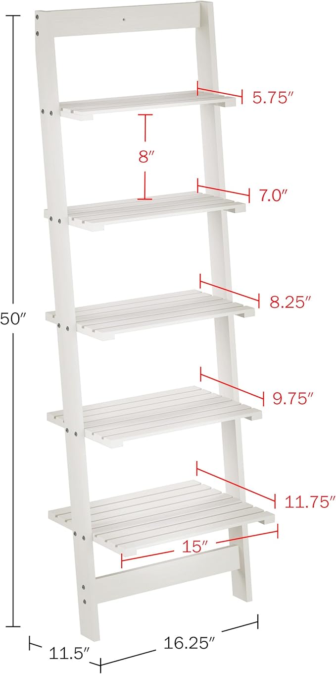 5-Tier Ladder Shelf - 50-Inch Narrow Leaning Bookshelf - Wooden Bookcase for Living Room, Bathroom, Kitchen, Office, or Bedroom Furniture by Lavish Home (White)