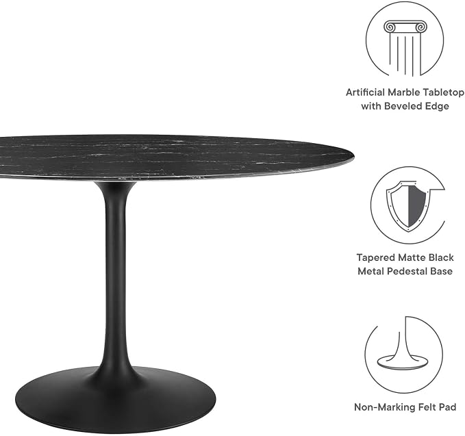 Modway Lippa Oval 54" Mid-Century Modern Artificial Marble Dining Table in Black Black