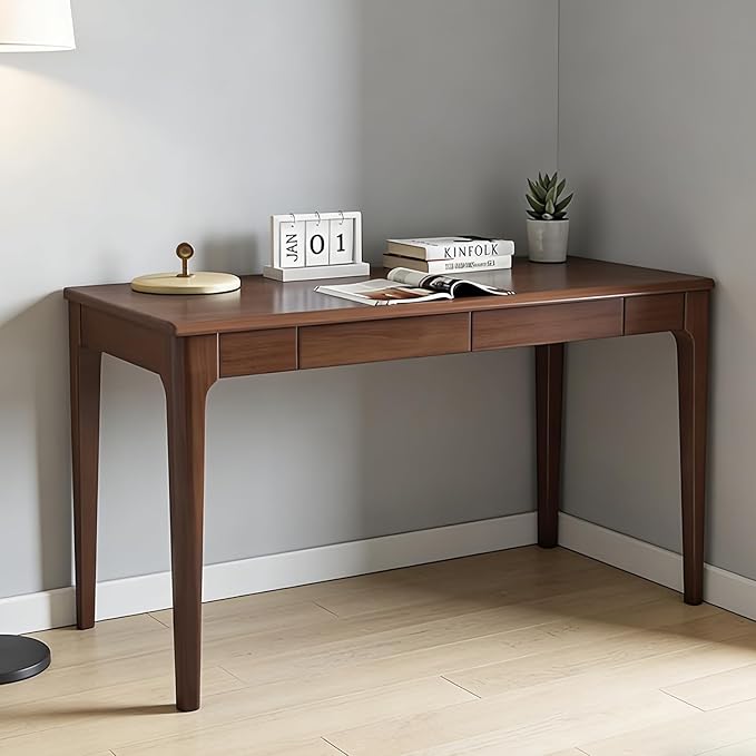 Solid Small Wood Desk with Storage, Wooden Writing Desk with Drawers, Mid Century Modern Desk for Bedroom & Small Spaces/Home Office (Walnut)