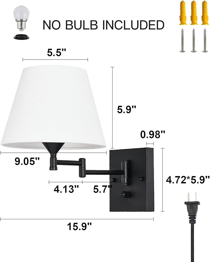 Pauwer Plug in Wall Sconce Set of 2 Swing Arm Wall Lamp with Plug in Cord and Fabric Shade Wall Light Fixtures for Hallway Bedroom Living Room (White Shade)