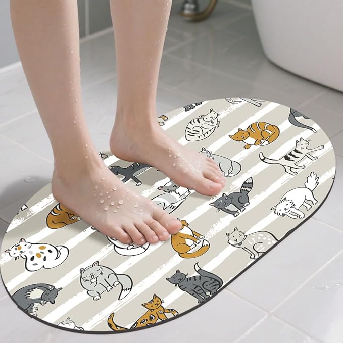 Cute Cartoon Cats Diatomaceous Mud Bath Mat Grey Striped Oval Soft Wrinkle Free Bathroom Floor Rugs Non-Slip Super Absorbent Fast Drying Bath Rug for Bathroom Kitchen Door Mat 23.6x15.7 Inches