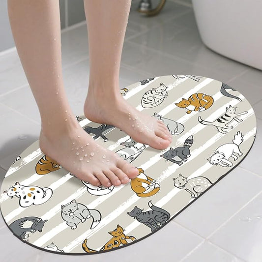 Cute Cartoon Cats Diatomaceous Mud Bath Mat Grey Striped Oval Soft Wrinkle Free Bathroom Floor Rugs Non-Slip Super Absorbent Fast Drying Bath Rug for Bathroom Kitchen Door Mat 23.6x15.7 Inches