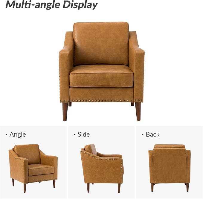 HULALA HOME Faux Leather Accent Armchairs Set of 2 with Back & Seat Cushions, Traditional Club Chairs with Nailhead Trim, Comfy Upholstered Sofa Chairs for Living Room Bedroom, Camel