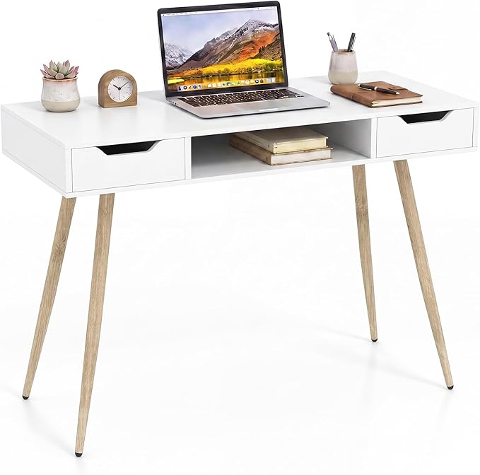 Tangkula White Writing Desk, Simple Computer Desk with 2 Drawers & Open Center Storage, Mid Century Modern Vanity Table, Small Wooden Study Table for Home Office & Compact Spaces