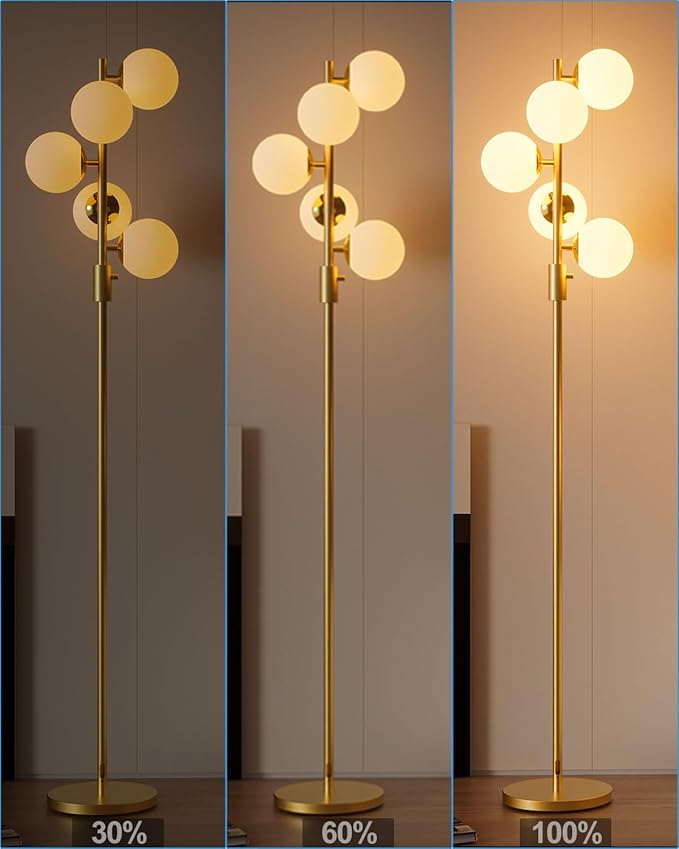Lightdot Dimmable Globe Floor Lamp, Gold Standing Lamps with 5PCS 3000K Bulbs Included, Mid Century Modern Floor Lamp with 5Lbs Heavy Base for Living Room/Bedroom/Sofa Beside/Corner Decor