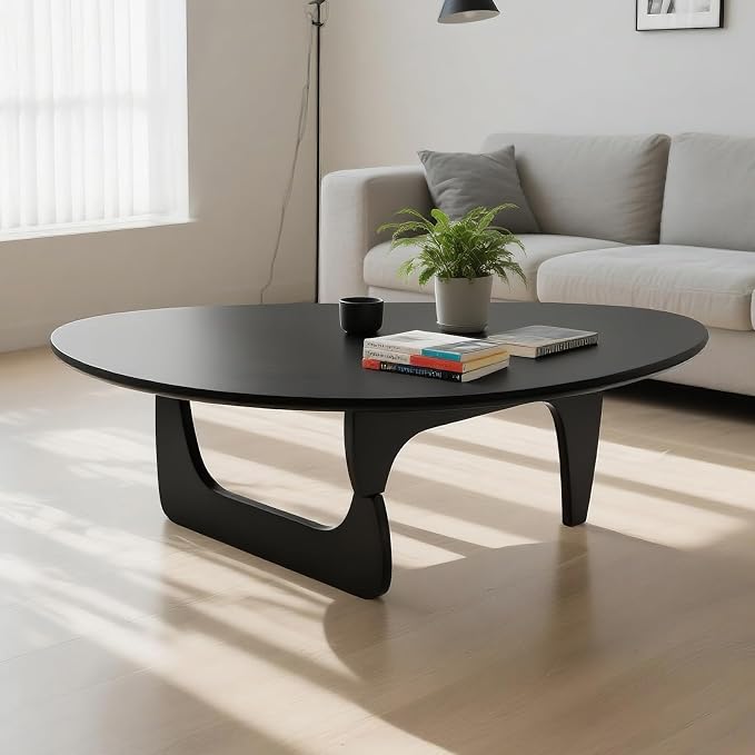 Solid Wood Triangle Coffee Table,Unique Mid Century Modern Oval Coffee Table,Irregular Geometric Tea Tables for Home Living Room with Wooden Tabletop and Reinforced (Black, 33" L x 24" W x 16" H)