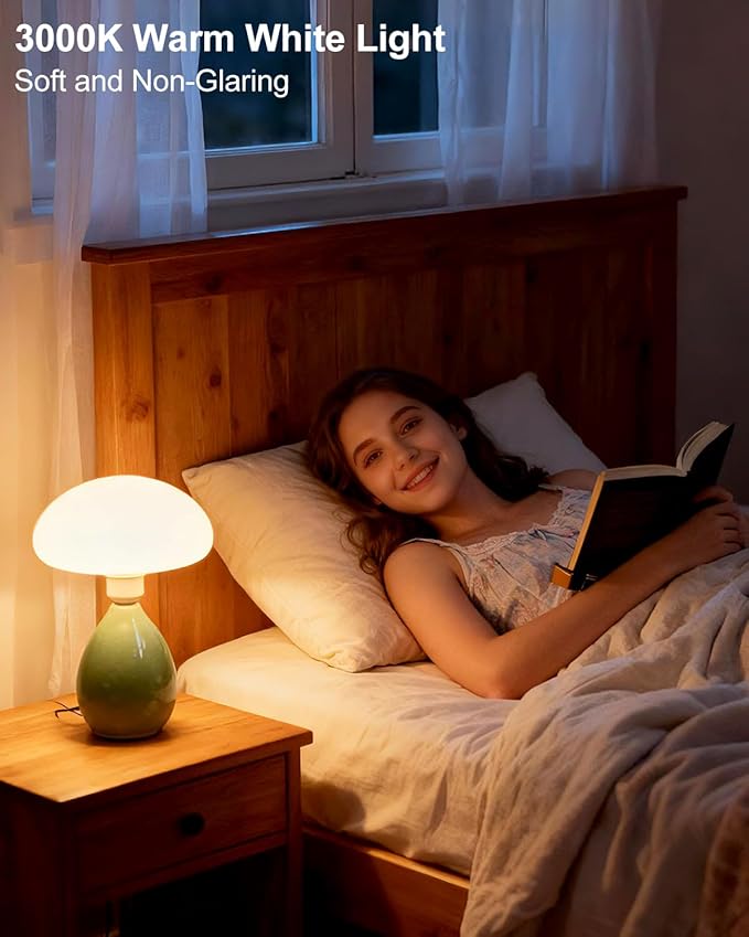 Lightdot Mushroom Lamp, Ceramic Bedside Table Lamp for Bedroom Nightstand, Retro Vintage Green Night Light, Small Aesthetic Lamp for Living Room Desk Home Decor, LED Bulb Included